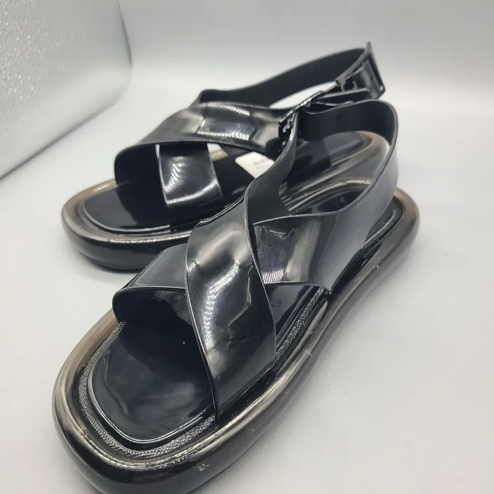 Tory Burch Sandals Criss Cross Bubble Jelly  Black slingback flat Sz 7 new